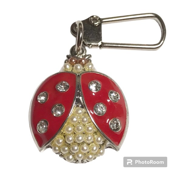 Red Ladybug Keychain Zipper Pull Purse Charm Backpack Pearl Crystal Enamel - Picture 2 of 8